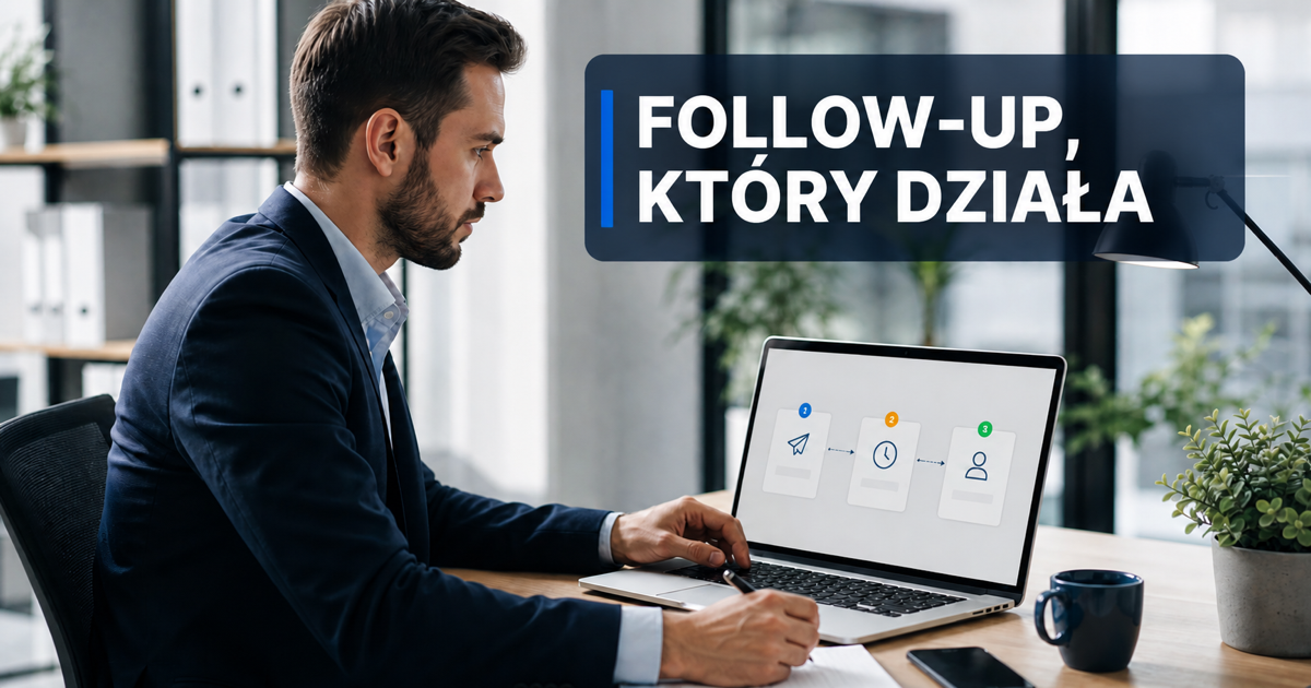 Handlowiec analizuje na laptopie trzyetapową sekwencję follow-upu: wiadomość, właściwy termin i odbiorcę.