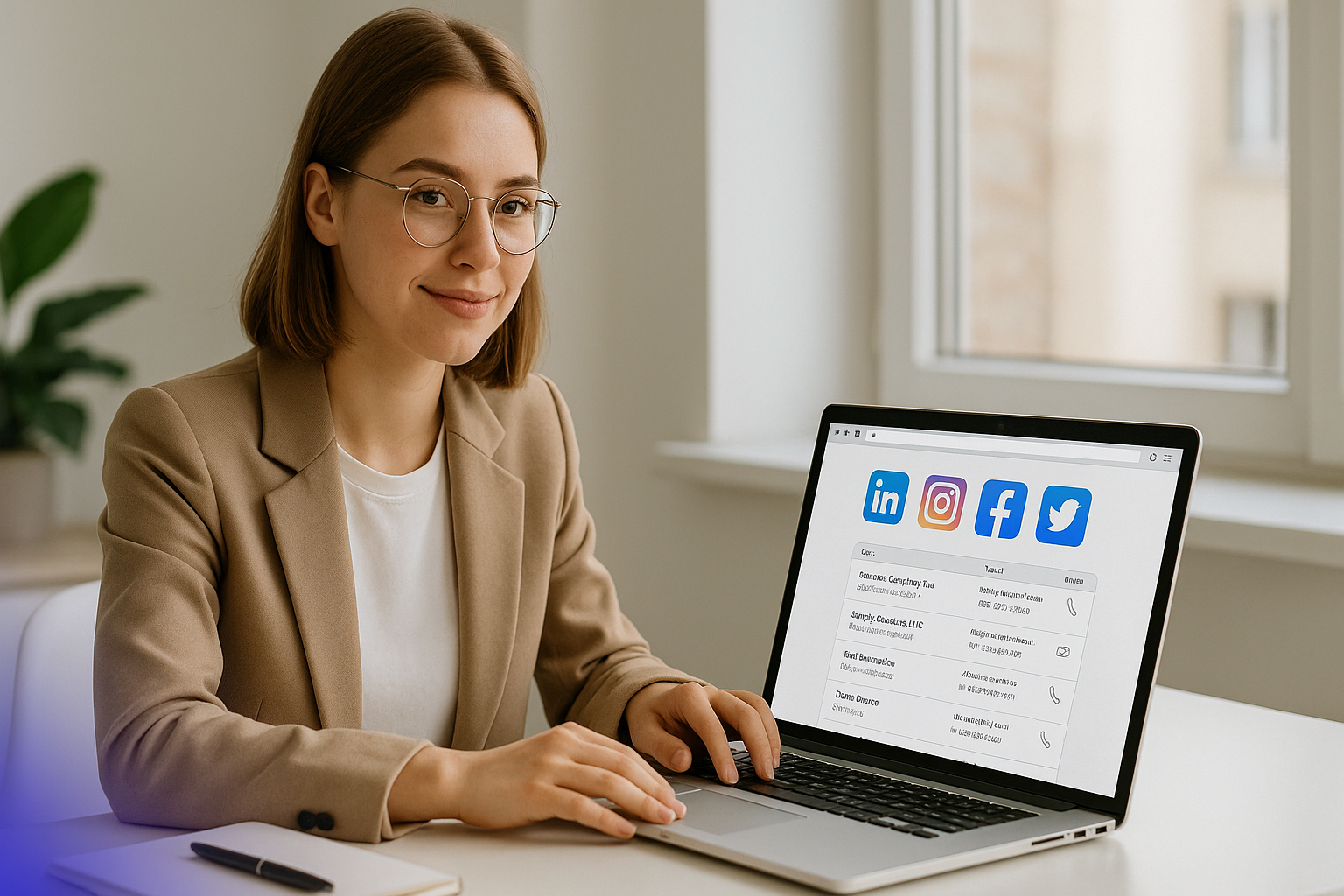 Przedsiębiorczyni przy laptopie szuka leadów B2B w LinkedIn, Instagramie i na Facebooku